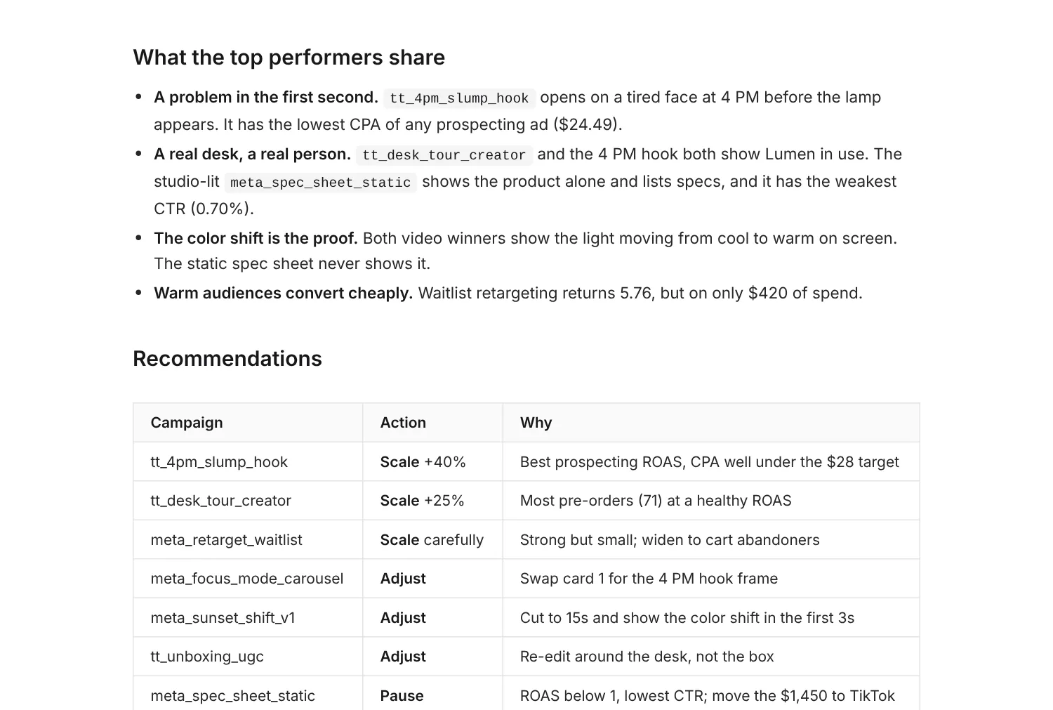 The What the top performers share section with four bullet points, followed by a Recommendations table listing each campaign with a Scale, Adjust or Pause action and a reason