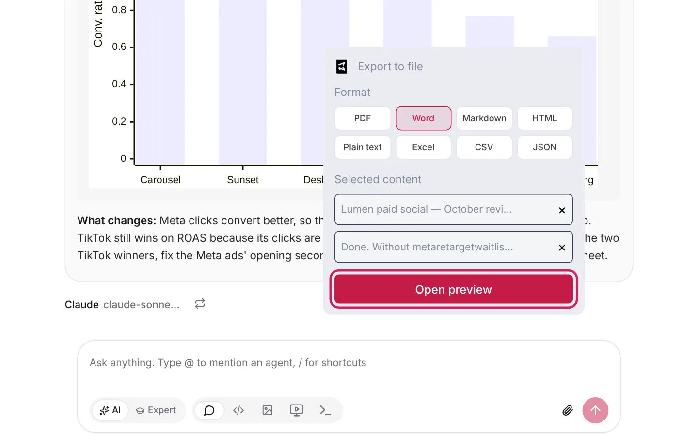 The Export to file popover with Word selected as the format, two replies listed under Selected content, and the Open preview button marked