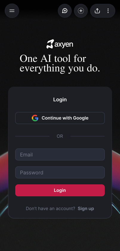 Axyen AI mobile login showing the Axyen multi-model AI workspace